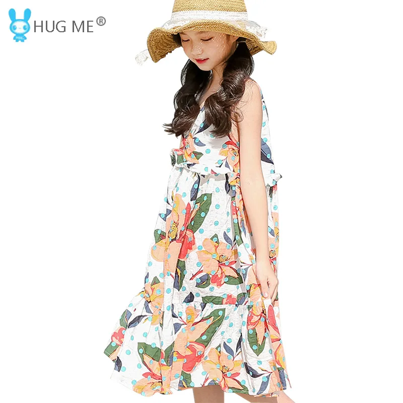 

Cotton Beach Dresses for Girls Summer 2018 New Arrival Sleeveless Floral Print Ruffle Dress for Teenagers 6 to 16 Years Old