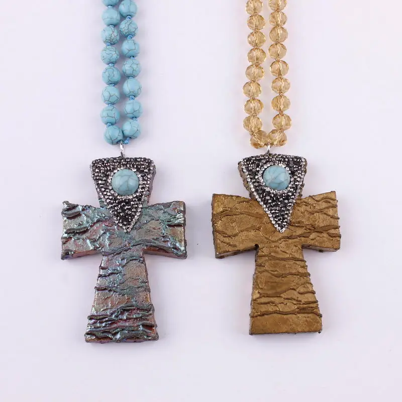 

2018 New Natural Stone Cross Pendant Necklace for Women Tibetan Jewelry Drusy Arrow Necklace Long Statement Necklace Wholesale