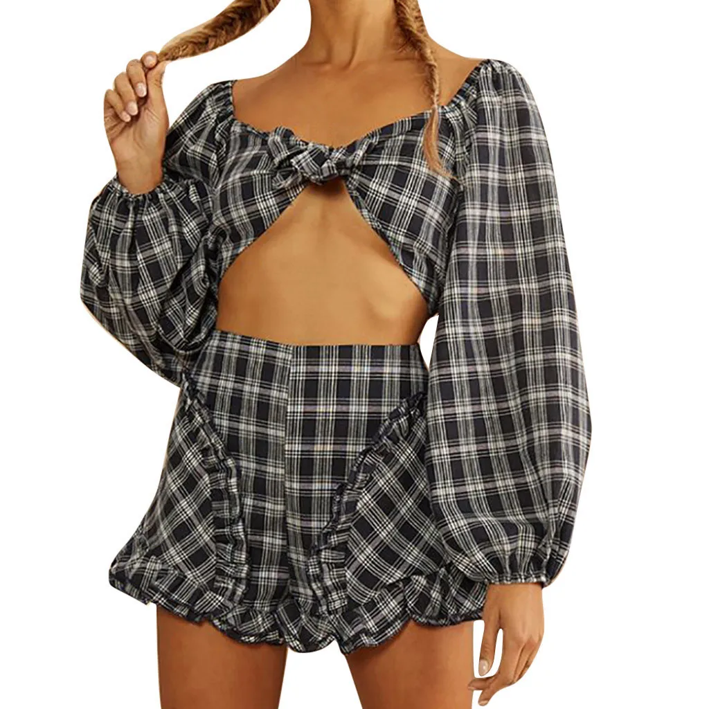 

JAYCOSIN Women Set Clothes Sexy Plaid Two Piece Set Long Sleeve Bandage Crop Top And Short Pants Casual Summer Spring Outfits