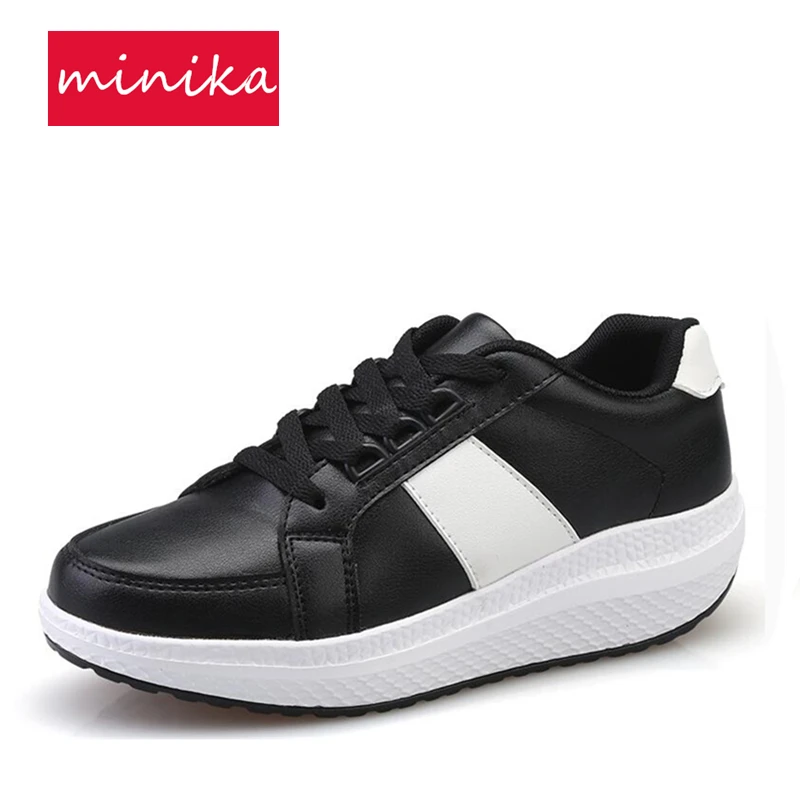 PU Women Wedge Toning Shoes Black White Mixed Color Thick Soles Height Increasing Swing Shoes Lacing Slimming Shoes