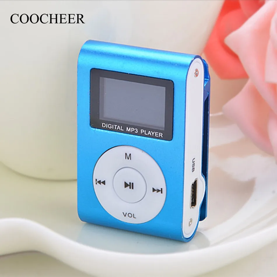 

2018 Blue Mini Clip Mp3 Player Electronic Sports Metal MP3 Music Player LCD Screen Support 32GB Micro SD TF Card with usb cable