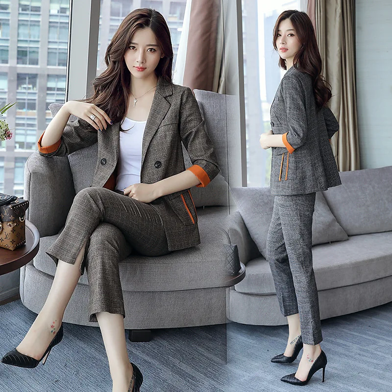 Fashion 2018 New Business Pant Suits Set Blazers Formal Women OL Elegant Plaid 2 Piece Sets Uniform Jackets Set / High Quality