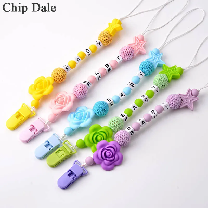 

Chip Dale Personalized Name Baby Silicone Pacifier Chains Handmade Pacifier Clips Chain Five Star Flower Teething Soother Holder