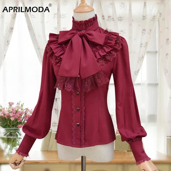 

2019 Vintage LOLITA Wine Red Black Blue White Long Sleeve Chiffon Shirt Women Stand Collar Victorian Blusas Female Gothic Blouse