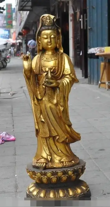 

S02725 28"chinese buddhism bronze gilt Stand lotus guanyin bodhisattva Hold vase statue B0403