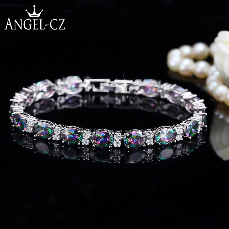 ANGELCZ бренд натуральный Мистик Радуга камни инкрустация серебряный цвет элегантные дамы цвет красочные CZ теннисные браслеты для женщин подарок AB066