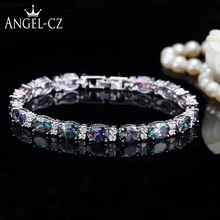 ANGELCZ бренд натуральный Мистик Радуга камни инкрустация серебряный цвет элегантные дамы цвет красочные CZ теннисные браслеты для женщин подарок AB066