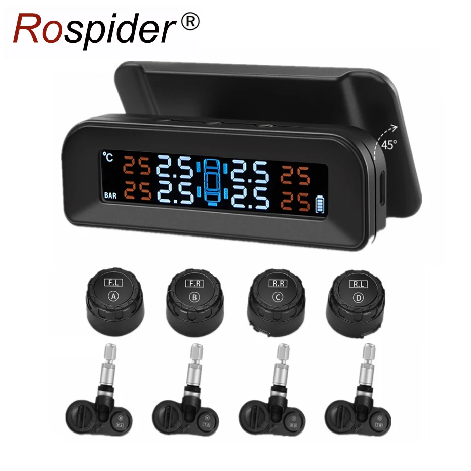 

Rospider Solar TPMS Car Tire Pressure Alarm Monitor System Tyre Pressure Monitoring Warning External Internal Sensor Q01W Q01N
