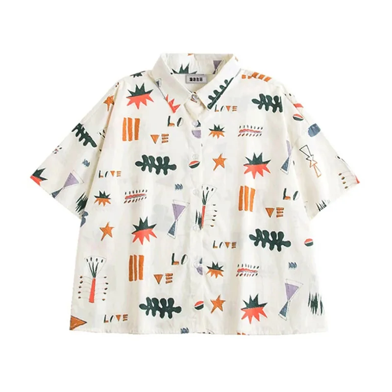 

PERHAPS U women beige print cartoon button turn down collar short sleeve loose shirt blouse summer B0071