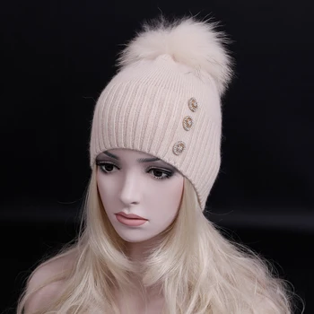 

2016 Winter super warm wool Knitted cap with real raccoon fur pompoms Women's cashmere Beanies hat Fashion Lady classic snow hat