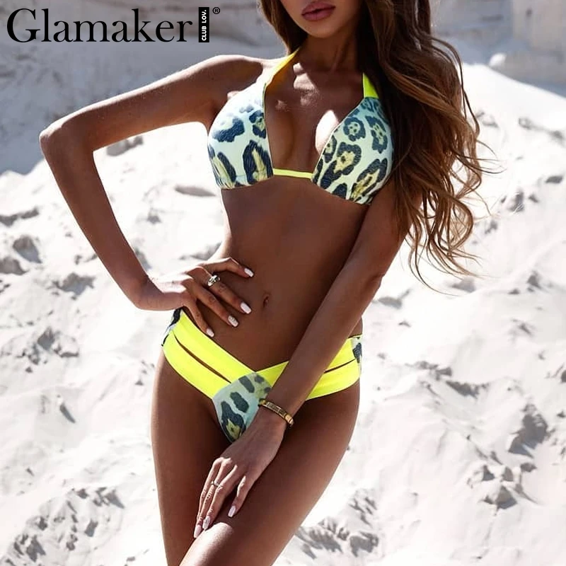Glamaker Sexy yellow two-piece suit brazilian Bodysuit women 2019 leopard print bodysuit female Halter high cut summer bodysuit