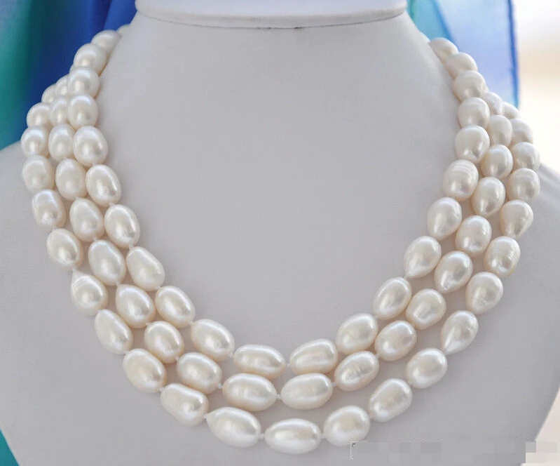 

z5864 3row 19" 14mm white rice FRESHWATER CULTURED pearl necklace
