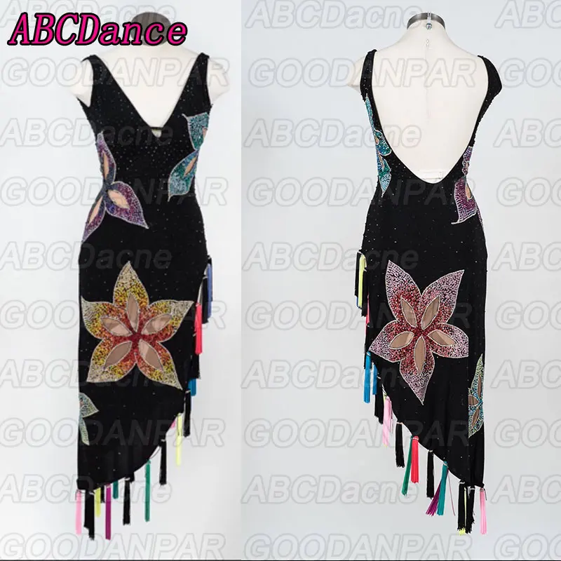 

Ballroom Latin Dance Dress Rhinestones big flower Black latin dance dress Rumba Cha Cha Foxtr dance competition dress
