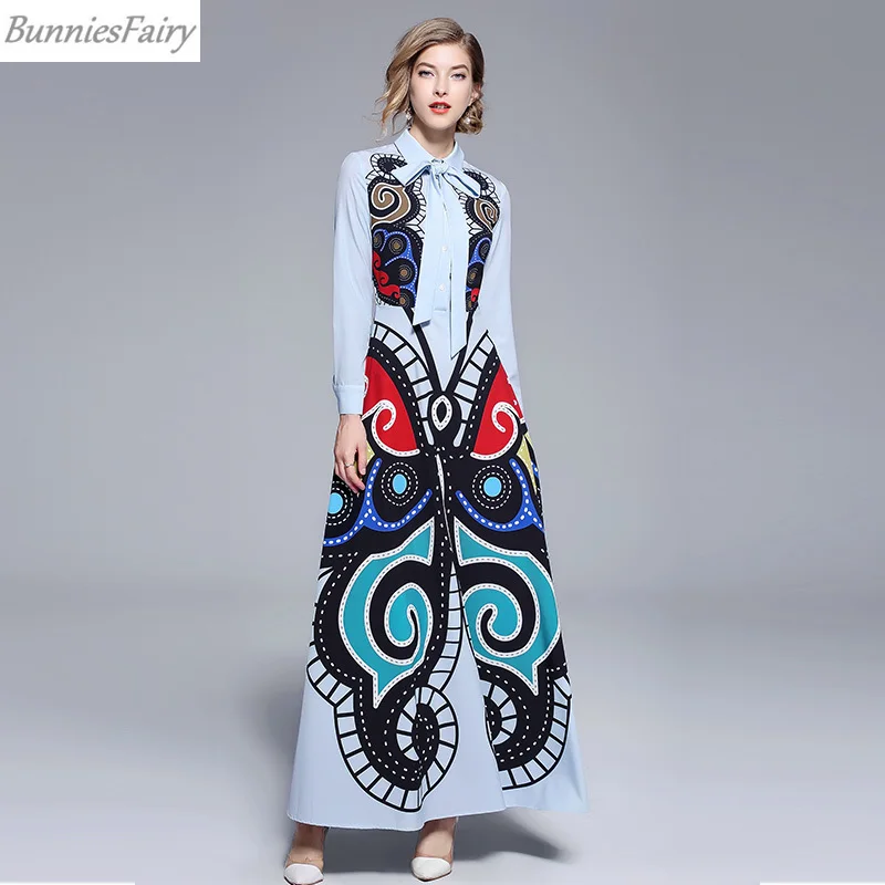 

BunniesFairy 2019 Spring Women Europe America Vintage Retro Geometric Floral Print Light Blue A-Line Long Maxi Dress Bow Tie