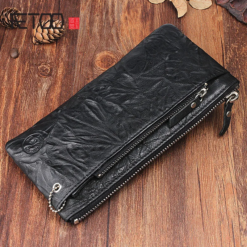 

AETOO Handmade leather folds long zipper wallet retro buckle men and women bulk wallet handbag trendy removable bag
