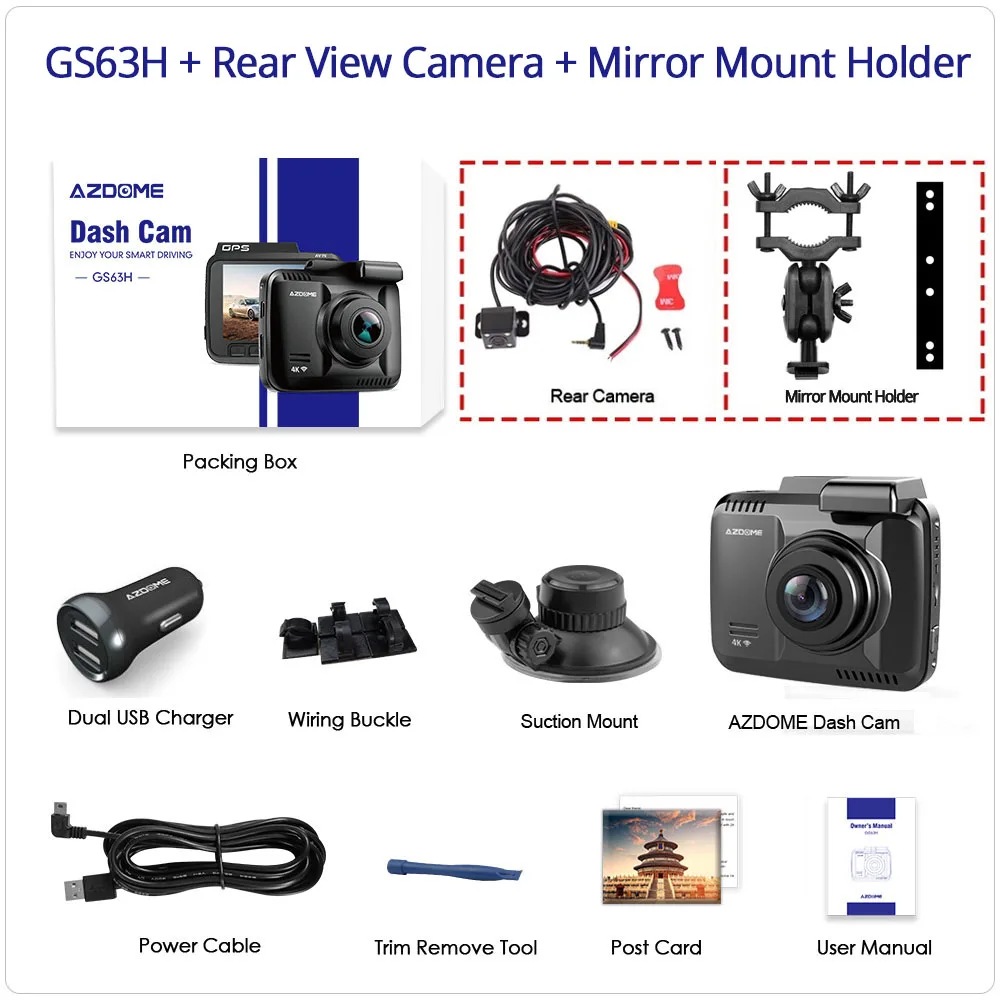 AZDOME GS63H двойной объектив Wi Fi FHD 1080P спереди+ VGA сзади dvr регистраторы 2160 P регистраторы Новатэк 96660 Dashcam камера Встроенный gps - Название цвета: GS63H-RVC-MMH