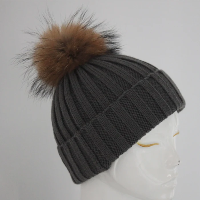 Зимой beanie связанный шлем меха образный колпачок для женщин и теплые зимние человек трикотажные шапочки ёенщин крышки и меховой шапке - Цвет: gray