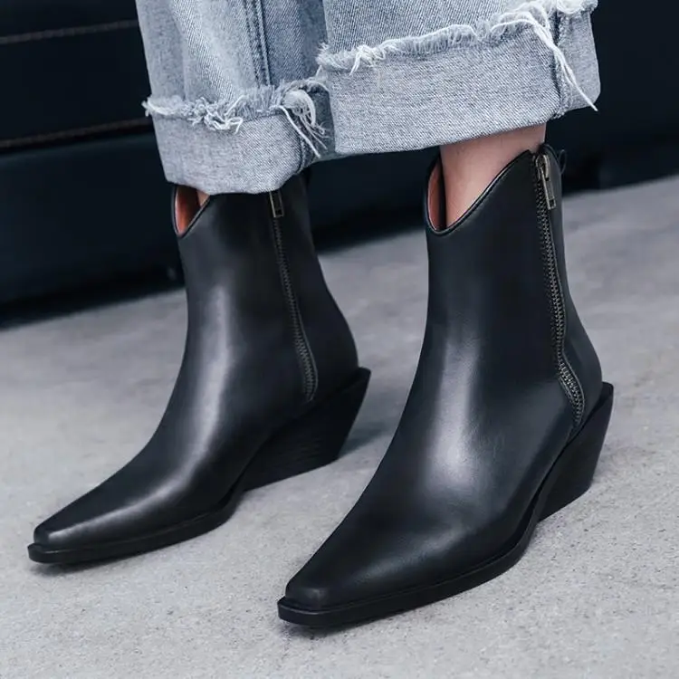 

Runway Ankle Boots For Women Black Grey Real Leather Botas Mujer Side Zipper Chelsea Boots Pointed Toe Strange Wedges Heel Shoes
