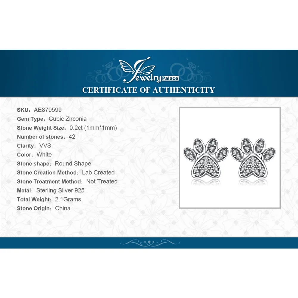 JewelryPalace Vintage Dog Paw Fingerprint Pave 0.2ct Cubic Zirconia Stud Earrings 925 Sterling Silver Hot Gifts For Momen/Girls