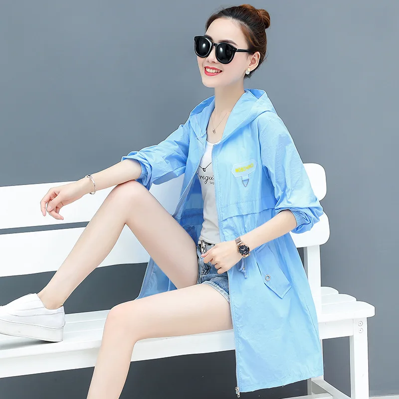 

Womens Sunscreen Coat Summer Breathable Suntan-proof Wear Sun-protective Clothes Fashion White,Pink,Blue Female Hooded Trench