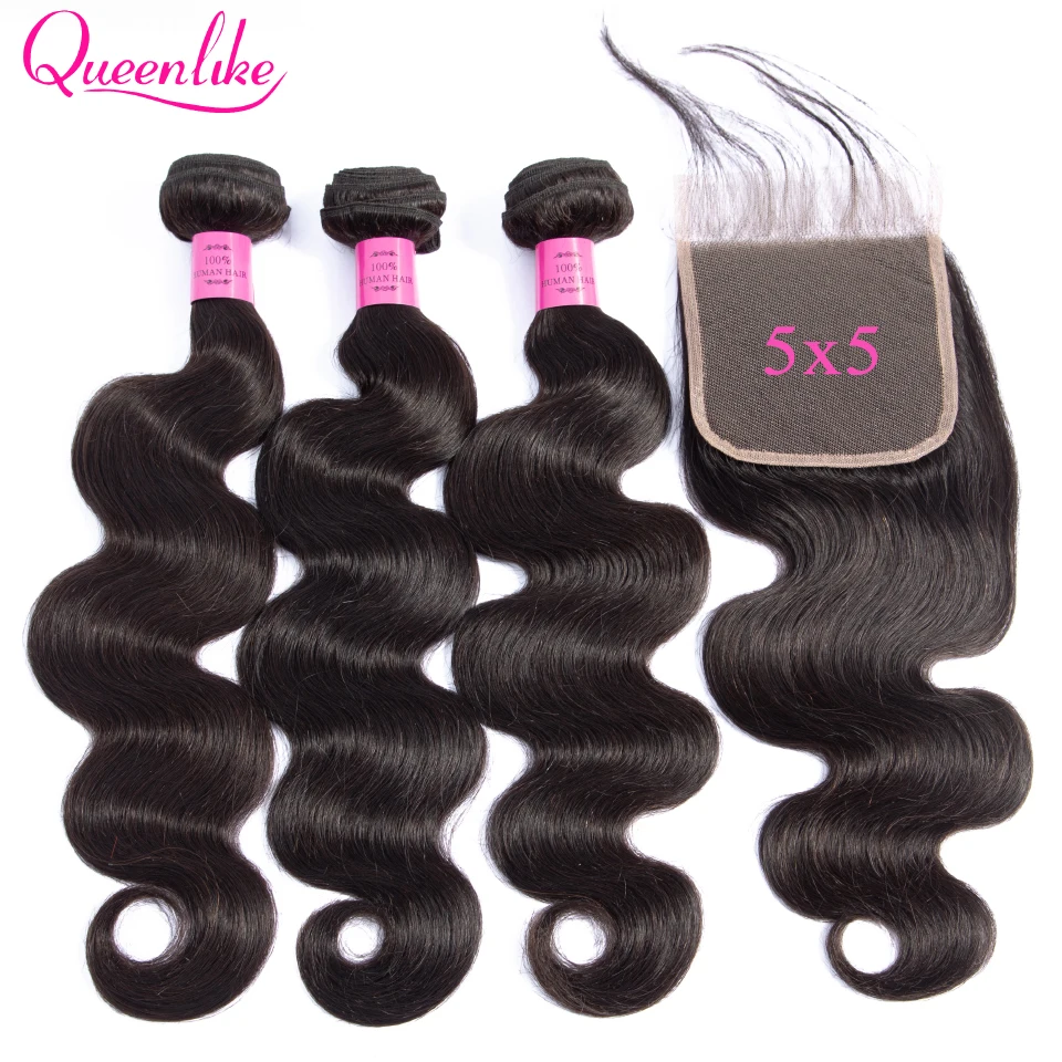 5x5 Vetersluiting Met Bundels 100% Human Hair Inslag Queenlike Niet Remy Haar Weven 3 4 Braziliaanse Body wave Bundels Met Sluiting