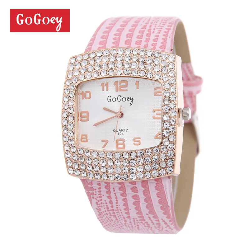 Лидер продаж, роскошные брендовые кожаные женские часы Gogoey, стразы, кварцевые наручные часы go070