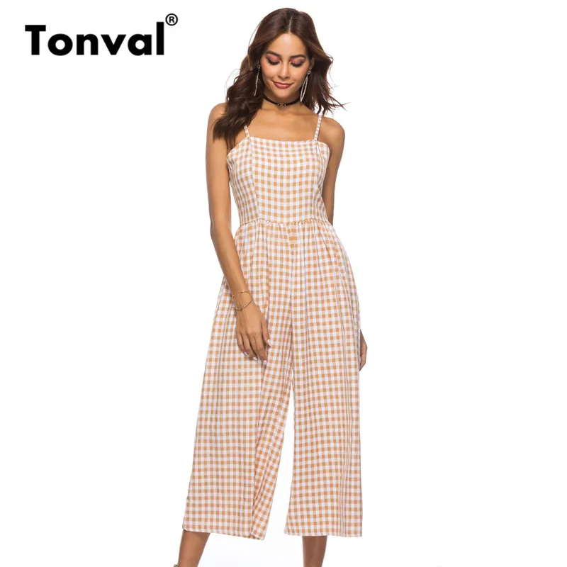 Tonval Yellow Plaid Vintage Rompers Women Jumpsuit 2018 Summer ...