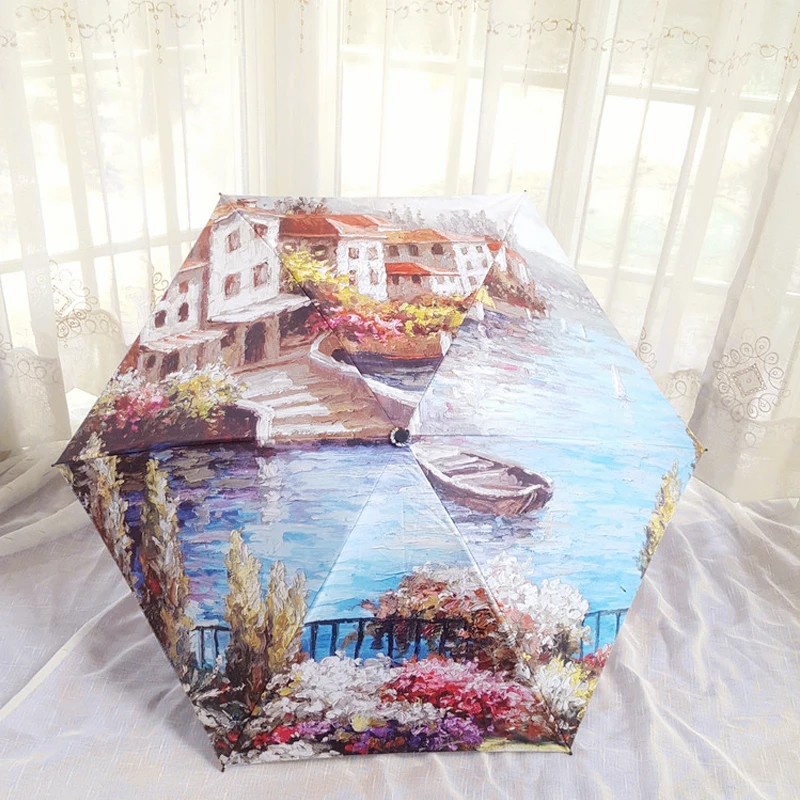 

Super Light Oil Painting Female Umbrella Rain Women Folding Parasol Landscape Art Design Umbrellas Anti-UV Sun Kids Umbrellas