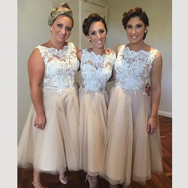 Vestidos de Casamento цвета шампанского белые кружевные короткие платья подружки невесты
