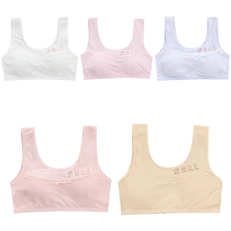 

Junior Girl Summer Wide Strap Sport Training Bra Scalloped Lace Splicing Cute Cartoon Graphic Bralette Wireless Solid Color Vest