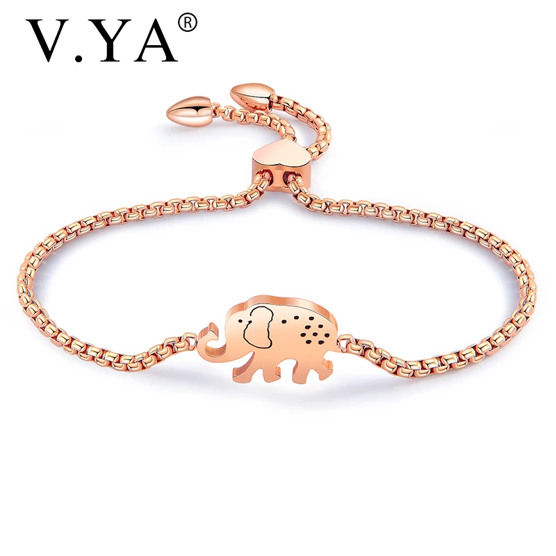

V.YA Cute Elephant Bead Bracelet Animal Bangle for Women Stainless Steel Rose Gold /Silver Adjustable Charm Bracelet Gifts