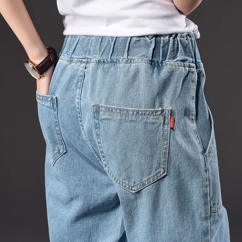 Летние женские рекламные легкие и темно-синие джинсовые шорты с высокой талией эластичные свободные джинсовые Капри