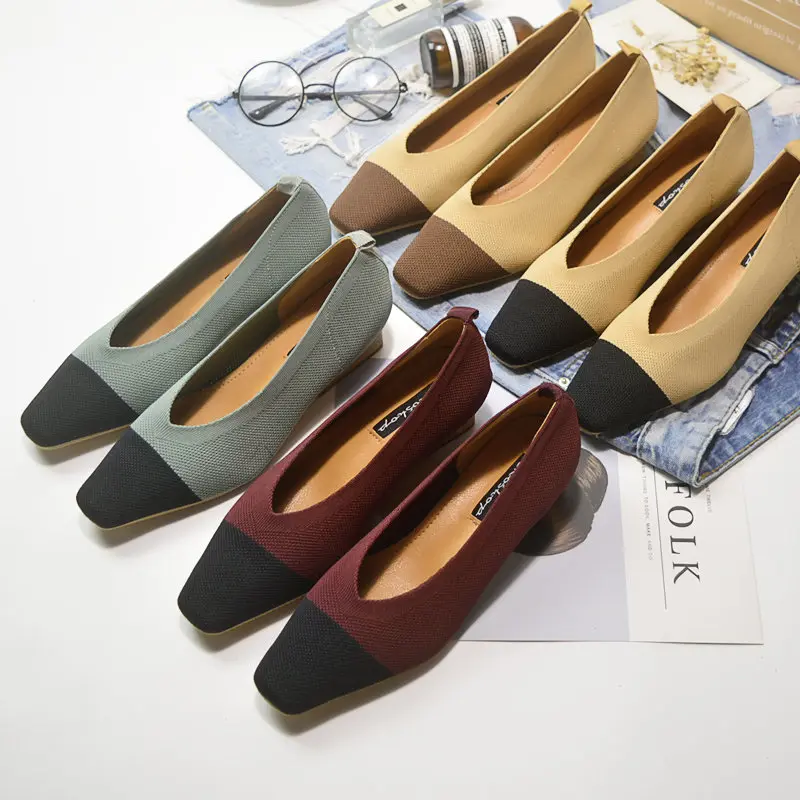 

New Ladies sapato Pumps feminino breathable knitted V square/pointed toe moccasins mixed colorloafers stretch shoes women heels