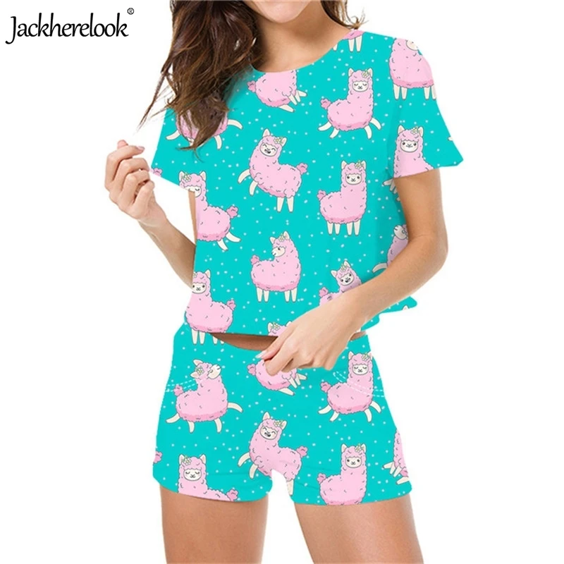 

Jackherelook Breathable Summer Women's Fitness Sports Clothing Cute Alpaca Print Elastic Waist Shorts Ladies Running Sets Girls