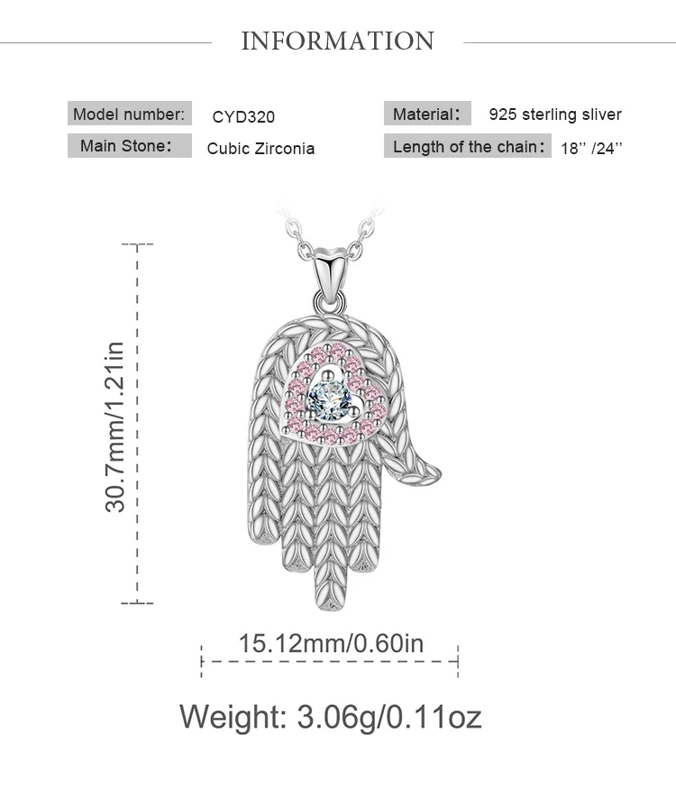 Юдора 925 пробы серебро розовое сердце Амулет Хамса с кубическим цирконием подвеска в форме руки Цепочки и ожерелья для Для женщин призывающий ангелов удачи уникальный подарок ювелирных изделий CYD321