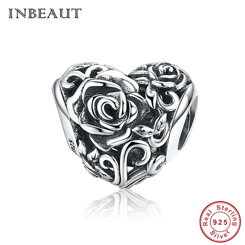 

INBEAUT 925 Sterling Silver Anicent Rose Carved Beads fit Trendy Bracelet Heart Trendy Engraved Flowers Charm Vintage Jewelry