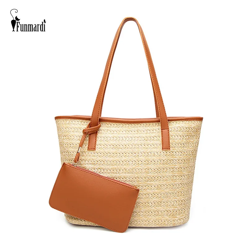 

FUNMARDI New Straw Shoulder Bag For Women Handbag Large Capacity Handmade Knitted Straw Tote Summer Beach Bag Composite WLHB1895