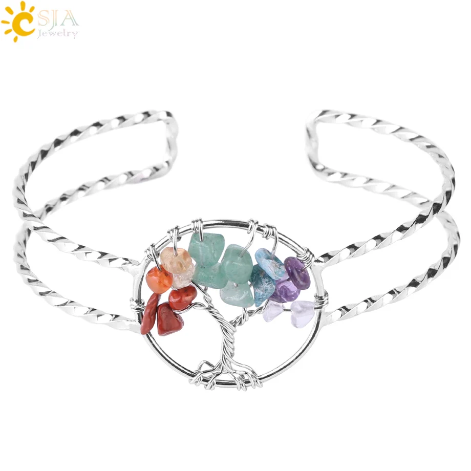 

CSJA New Chakra Natural Gravel Tree of Life Silver Color Open Bangle Copper Adjustable Bangle for Women Cuff Wrist Bracelet F503