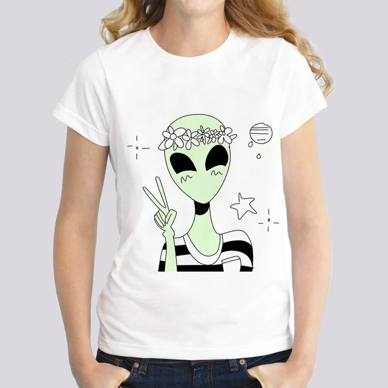 Новая футболка alien Женская кавайная футболка Летняя Стильная белая футболка с забавным принтом женская одежда с круглым вырезом Футболка хараюку