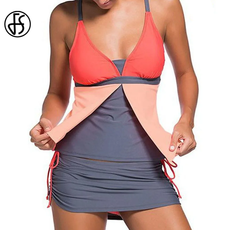 

FS Three Color Splice Plus Size Sport Swimsuit Brazilian Bikinis Set Skirt Shorts Biquini Beach Swimwear For Women Bathing Suit