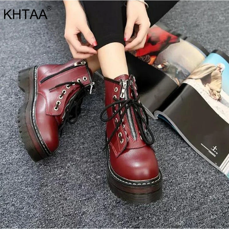 Goede Platform Partij Enkel Zwart Rits vrouwen Laarzen Effen Dikke Bodem Medium Hakken Rubber Mode Boot Lace Up Bruin schoenen