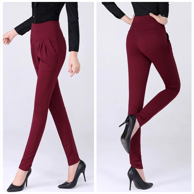 Осенние брюки-карандаш женские прямые брюки с высокой талией женские повседневные брюки больших размеров OL брюки женские Слаксы - Цвет: Wine Red
