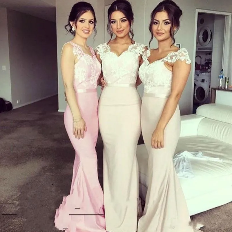 2017 New Cheap African Mermaid Bridesmaid Dresses V Neck Cap Sleeves Lace Appliques Long Sashes For Wedding Guest Dress Maid of Honor Gowns