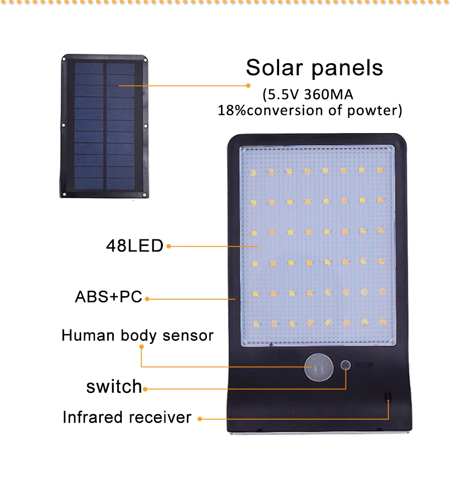 Цветовая Регулируемая Солнечная лампа с датчиком движения, три режима, 48 светодиодов, уличная настенная лампа для сада, уличного двора, водонепроницаемая лампа освещения
