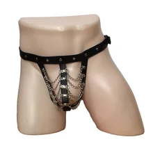 Seksowna męska Faux Leather Drape Chain Pouch otwórz Crotch bielizna stringi pod spodnie stringi krótkie szelki bielizna fetysz