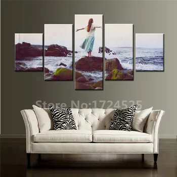 

No Frame 5 Pieces Sea View Canvas Painting A Woman Facing The Sea Pictures Wall Art Home Decor For Living Room In High Quality