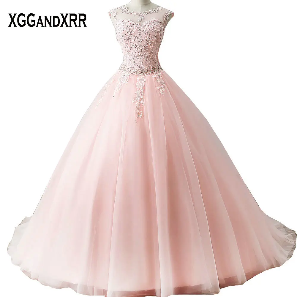 

New Arrival Pink Tulle A-Line Quinceanera Dresses 2018 Scoop Appliques Beaded Hollow Back Sweep Train Sweet Dresses For 15 16