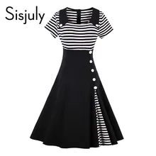 Sisjuly винтажное платье осень черный белый полосатый лоскутное с коротким рукавом кнопки 1950-х годов платье женщин винтажное платье