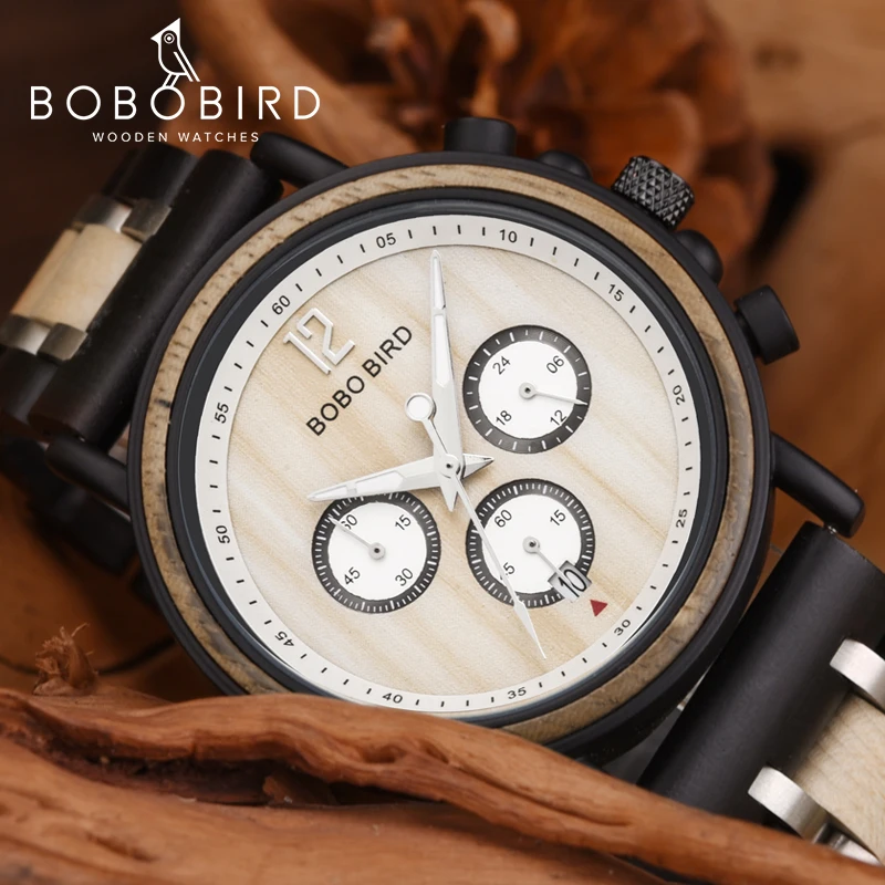 Бренд BOBO BIRD reloj hombre деревянный стальной ремешок Хронограф Дата Показывает светящиеся иглы в деревянной подарочной коробке