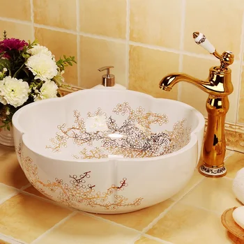 

Plum flower pattern Flower shape porcelain bathroom vanity bathroom sink bowl countertop Oval bathroom sink wash basin